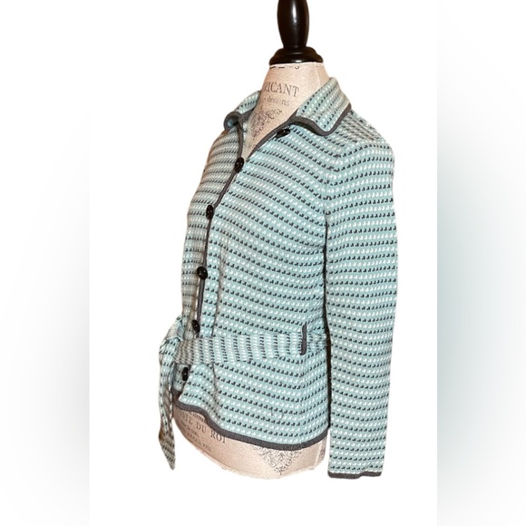 Ann Taylor LOFT Blue Gray & White Print Button up Belted Collared Cardigan Sz M - Picture 2 of 9